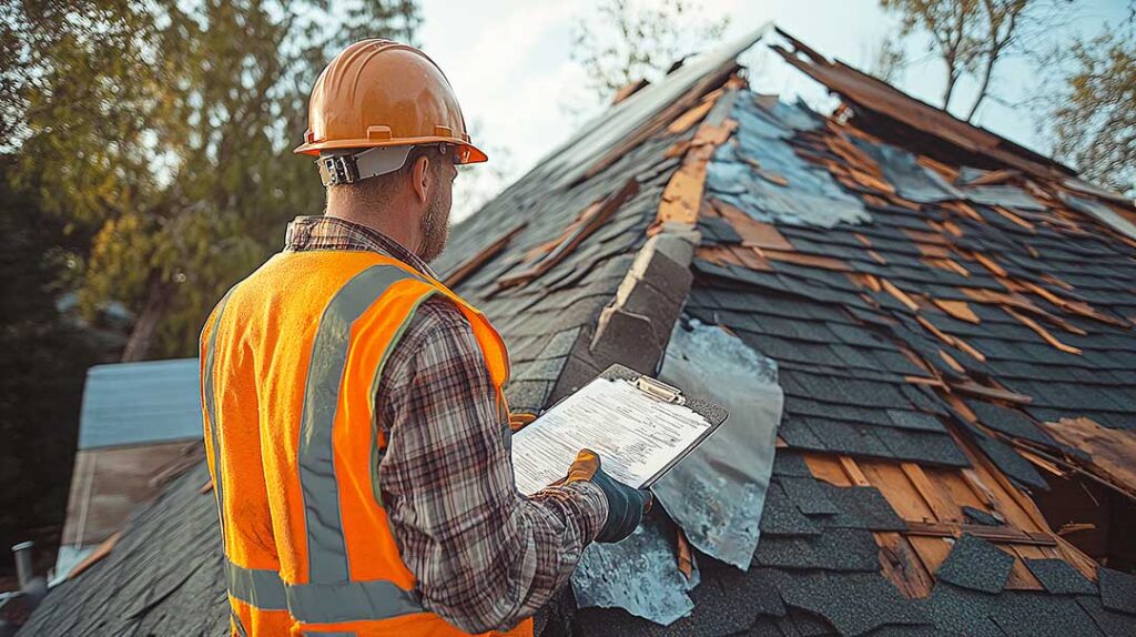 A person in protective gear adding loose-fill insulation to an unfinished attic floor under exposed roof rafters.
