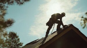 Homeowner examining damaged shingles and flashing beside a small roof leak after heavy rain